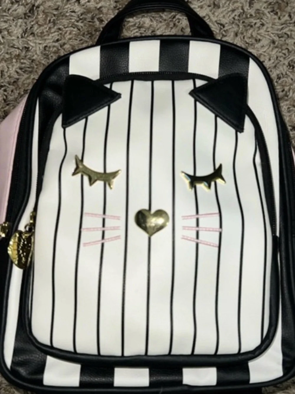 Luv Betsey Johnson Striped Cat Mini Backpack Kitty Face Pink Black Whiskers